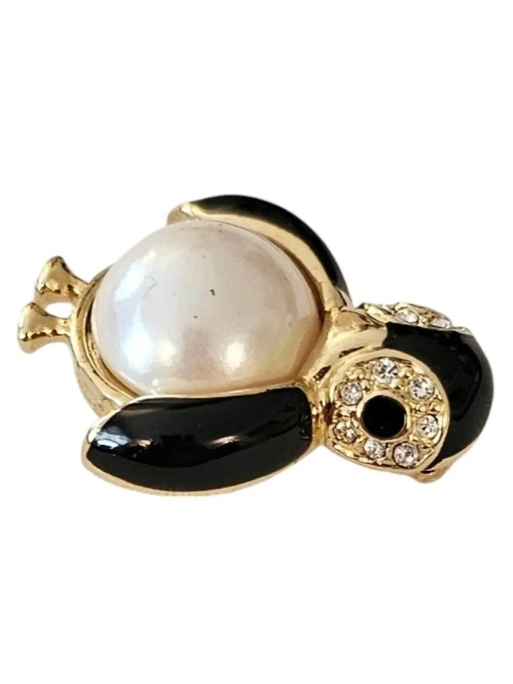Marvella Penguin Pin Faux Pearl Clear Rhinestone Black Enamel Brooch Signed L643